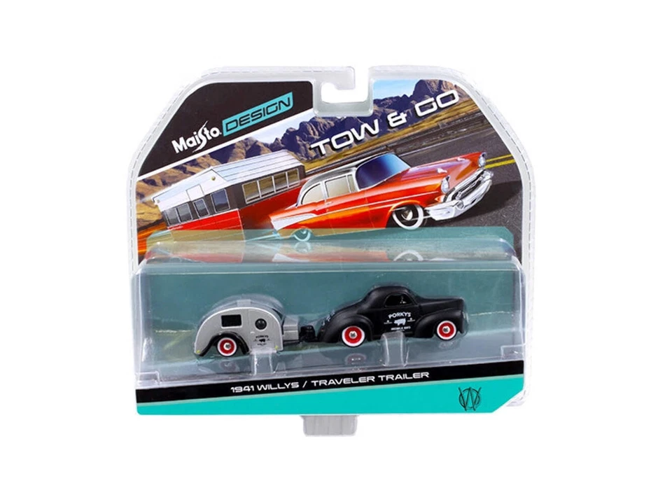 1941 Willys Matt Black and Traveler Trailer Tow & Go 1/64 Diecast Model by Maist - Imagem 1 de 1