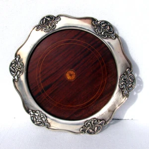 Large Tray Coaster Lily Pad Art Nouveau Shreve Sterling Silver Wooden Base - Picture 1 of 4