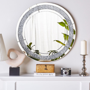 Large Round Wall Mounted Mirror Crushed Diamond Crystal Bevelled 100 x 100cm