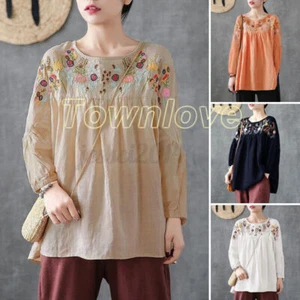 Women Linen Cotton Floral Embroidered Tops Long Sleeve O-Neck Loose Shirt Blouse - Picture 1 of 15