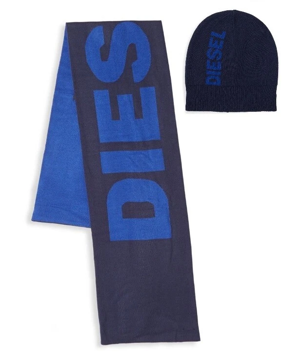 Nuevo con etiquetas Diesel Texto Negrito LOGO Sombrero Tejido y Bufanda Reversible Foto 1 de 4