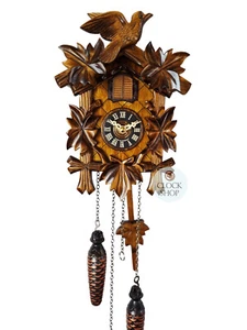5 Leaf & Bird Battery Carved Cuckoo Clock 22cm By ENGSTLER - Picture 1 of 5