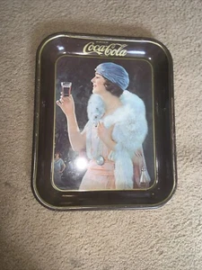 Vintage Coca Cola Coke Metal Tray Pink Lady Blue Hat Flapper Girl black back - Picture 1 of 7