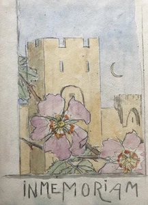 Impressionist Aquarell IN Memoriam Mittelalter Architektur Stadttor Hibiskus - Bild 1 von 3