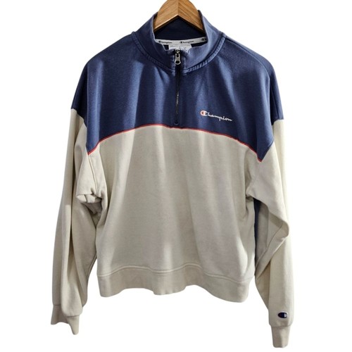 OFF WHITE Felpa Champion Authentic Athletic Wear blu e panna finto collo zip L