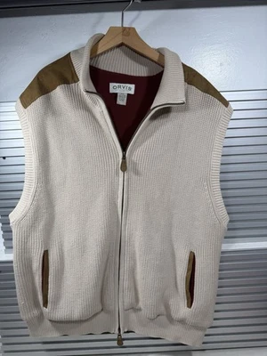 Orvis Mens XXL Large Heavyweight Knit Full Zip- Tan Vest Suede Shoulder Patches - Image 1 of 4