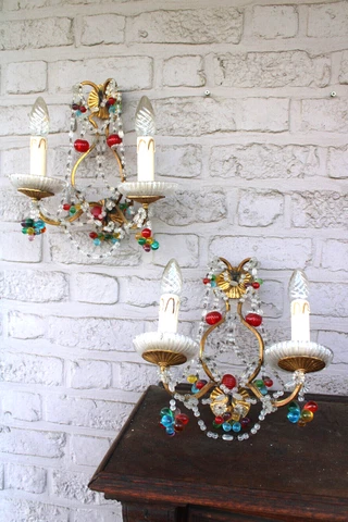 PAIR italian murano multi colour glass drops fruit wall lights sconces rare 1970 Cover
