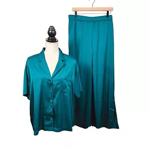 Express Sleepwear Deep Teal Satin Pajama Set Size L Wide Leg Lightweight Lounge - Picture 1 of 17