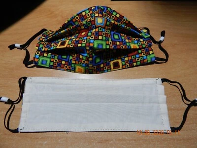 FACE MASK HANDMADE ADULT PLEATED DBL LAYERED SQUARES COTTON REUSABLE CORD LOCKS - Image 1 of 4
