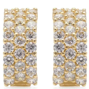 14k Yellow Gold 1Ct White Stone Three Row Huggie Hoop Earrings - Picture 1 of 4