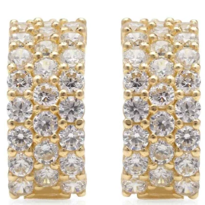 14k Yellow Gold 1Ct White Stone Three Row Huggie Hoop Earrings - Image 1 of 4