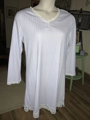 NUEVO Camisón Miss Elaine M Azul/Blanco Rayas Encaje Acento Mezcla Algodón Hasta la Rodilla Foto 1 de 4