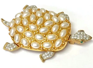 Kenneth Jay Lane, Schildkröte Pin Gold & Perlen Cabochons - Bild 1 von 1