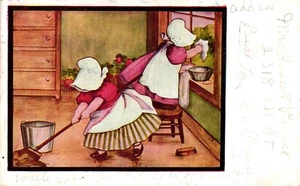 Postcard Cute Chubby Girls in Aprons & Bonnets Scrubbing Day Cleaning Novelty - Picture 1 of 2