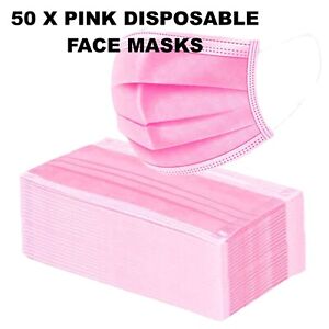 50 x Pink Face Masks 3Ply Mouth & Nose Protection Premium Quality Mask Seller UK