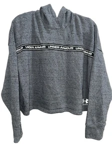 Under Armour Womens Crop Hoodie Sweatshirt MEDIUM Gray Tape Spell out Oversized - Picture 1 of 9