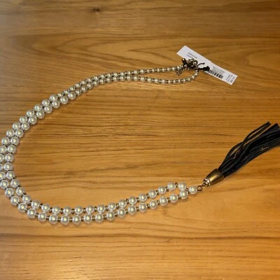 "Nuevo Collar Casa Blanca Mercado Negro Perla y Borla Cuero 22""" Foto 1 de 4