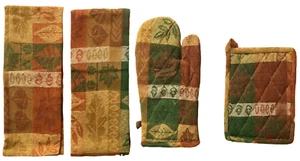 Kitchen Set Towels Oven Mitt Potholder Fall Harvest Jacquard Print 4 Pieces - Picture 1 of 5