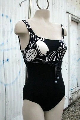 6 Anne Cole Collection One Piece Black Tan Print Bathing Suit Ribbon Tie - Image 1 of 4