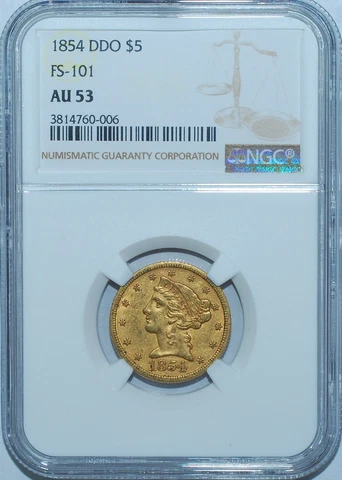 1854 NGC AU53 FS-101 Earring DDO Doubled Die Obverse $5 Liberty Head Half Eagle Cover