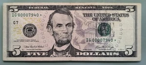 2006 Five Dollar Federal Reserve Note $5 STAR NOTE Low Serial IG00007940  #96485 - Picture 1 of 2