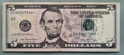 2006 Five Dollar Federal Reserve Note $5 STAR NOTE Low Serial IG00007940  #96485 - Image 1 of 2