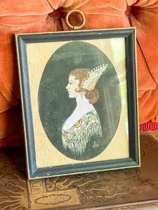 Antique Hand-Painted Portrait Woman w/ Crown | Framed Folk Art | 5.5"x4.5" - Picture 1 of 5