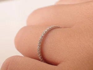 925 Sterling Silver Ring, Moissanite Micro Pave Setting Thin Dainty Wedding Band - Picture 1 of 19