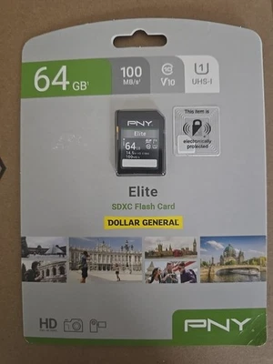 PNY Elite SDXC Flash Card Elite 64GB Class 10 U1 V10 SD NEW - Image 1 of 2