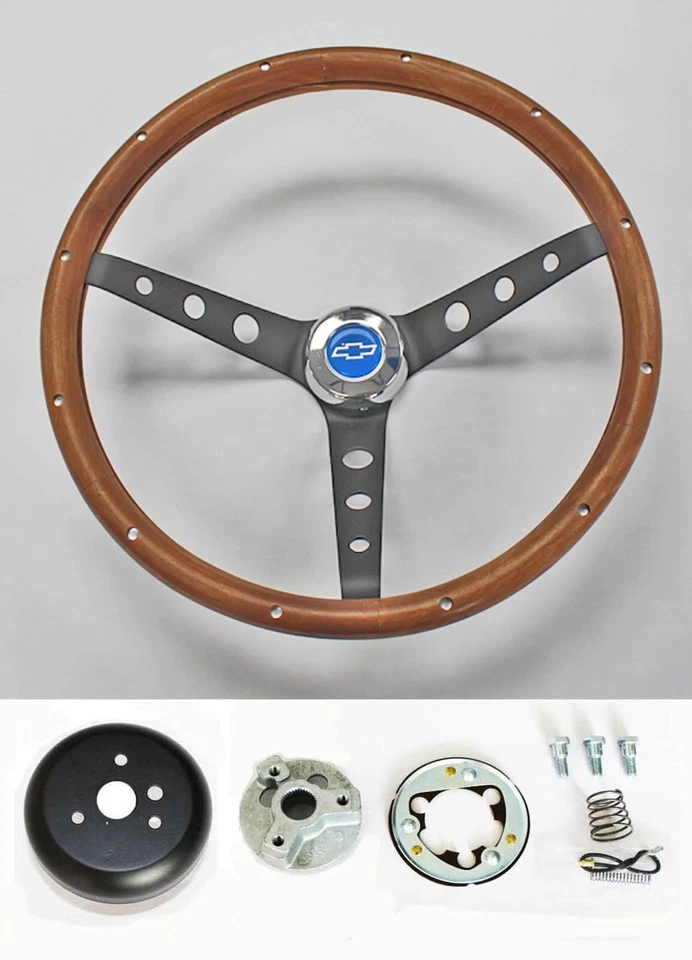 1967 1968 Nova Chevy II Impala Wood Steering Wheel Black Spokes blue bowtie 15" - Image 1 of 4