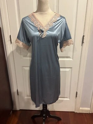 Women Short Sleeve Silky Thin Nightgown Blue Sz L/XL (36"Lx20"W) - Image 1 of 4