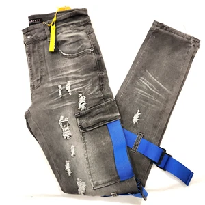 M.Society Men's Size 32X32 Super Stretch Skinny Fit Gray Denim Distressed Jeans - Picture 1 of 15
