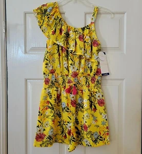 BCBG Girl's Romper Jumpsuit Jumper Yellow Pink Floral Ruffles Shoulder L 14/16 - Picture 1 of 7