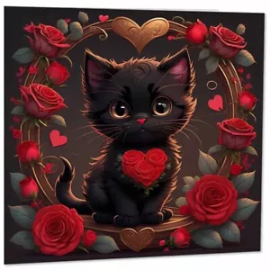 Tarjeta de San Valentín - Gato Negro Rosas Lindo Gatito 145mm x 145mm - Imagen 1 de 6