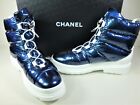 CHANEL 40 Metallized Fabric Puffy Blue Winter Short Boots Ankle Booties Flat NEW