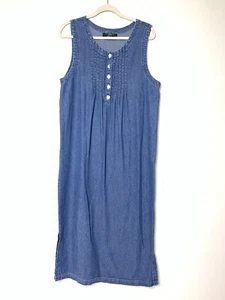Vtg 90s Orvis Dress MEDIUM Sleeveless Blue Jean Denim Jumper Maxi Shell Buttons - Picture 1 of 2