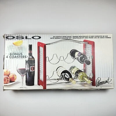 Винтажная винная стойка Oslo Pomerantz на 6 бутылок с 4 подставками, красное хромированное стекло новая в коробке - Изображение 1 из 3