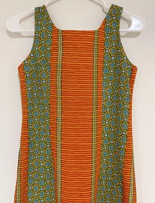 Vintage 60s 70s Maxi Dress Mod Sleeveless Orange Turquoise Print Talon Zip S/M - Image 1 of 4