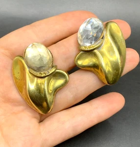 Statement Brass or Bronze Gold Tone Earrings w Oval Rhinestone Fashion Clip On - Picture 1 of 10