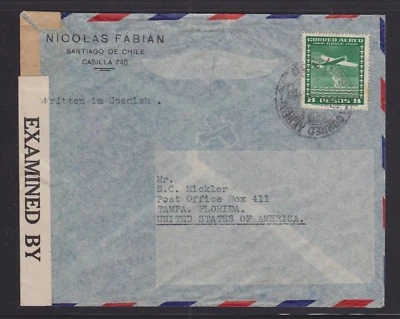 CAPA CORREIO AÉREO CENSURADA CHILE 1942 SEGUNDA GUERRA MUNDIAL SANTIAGO PARA TAMPA FLORIDA EUA - Imagem 1 de 2
