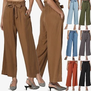 TheMogan Belted Paperbag High Waist Tencel Crop Wide Leg Trouser Culotte Pants - Picture 1 of 20