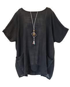 Made In Italy black lightweight Tunic Pocket Necklace Top One Size UK 16-24 New
