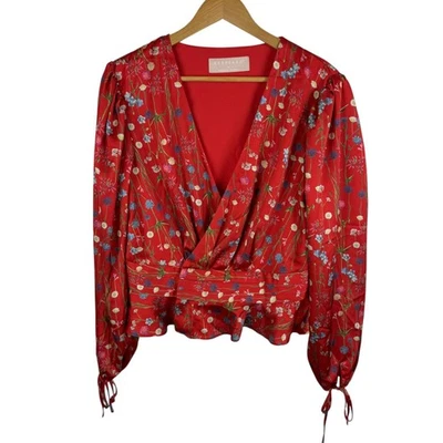 Blusa envolvente floral Keepsake talla XL roja manga larga peplum romántica femenina Foto 1 de 4