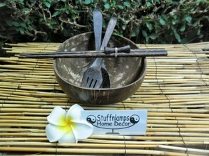Natural Coconut Bowl + Fork, Spoon & Chopsticks - hand crafted  - Picture 1 of 7