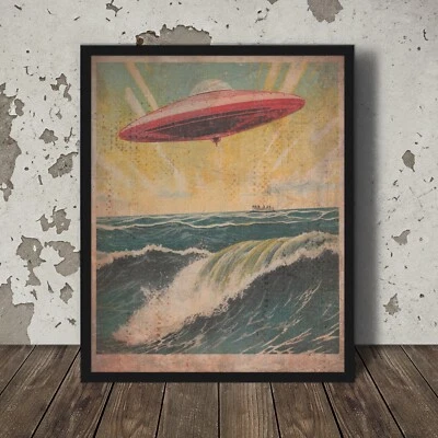 Vintage UFO NAUTICAL Wall Art, Sci-fi Alien Ocean Decor, Sea Cryptid UAP Poster - Image 1 of 4