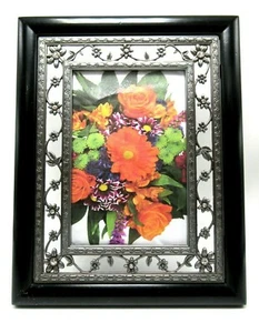 MALDEN engraved openwork pewter & rhinestone flower picture frame -4" x 6" photo - Picture 1 of 10