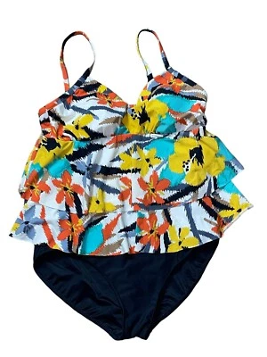 Traje de baño Miraclesuit colorido floral de una pieza con volantes azul blanco talla grande 1X Foto 1 de 4