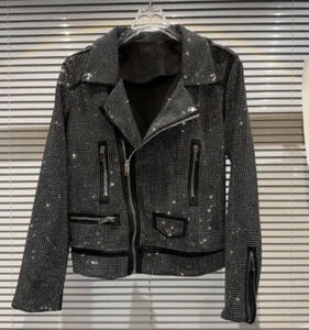 New Women Luxury Full Diamond Rhinestones Fashion Black Bomber Jacket Shiny Coat - Picture 1 of 13