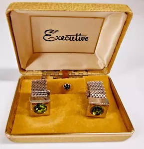Executive Mesh Wrap Around Cufflinks & Tie Tack Set Green Rhinestone Silver Tone - Picture 1 of 21