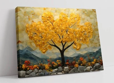 BEAUTIFUL ASIAN STYLE YELLOW TREE  -FRAMED CANVAS WALL ART PICTURE PRINT - Image 1 of 2